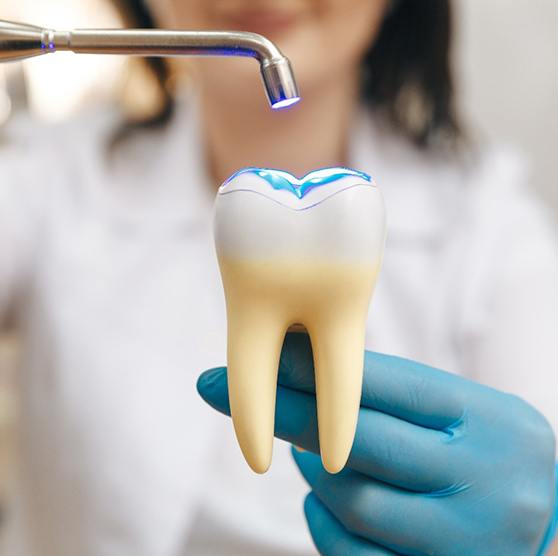 Dentist demonstrating bonding on large model tooth