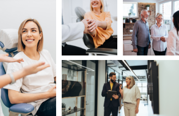 Collage of smiling people talking to dentists